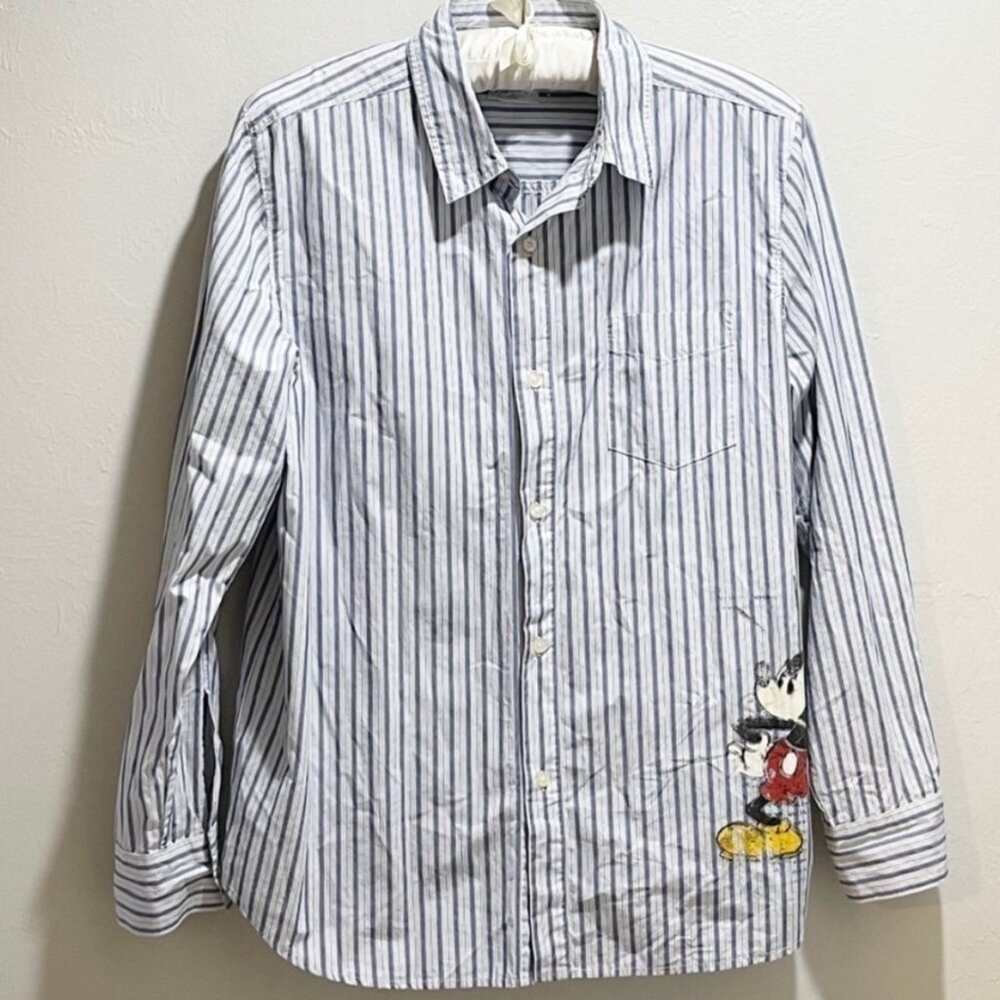 DISNEY STORE Men’s Blue White Stripe Mickey Mouse Graphic Print Shirt Medium